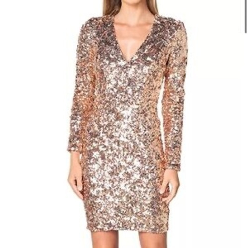 Dress the Population NWT Shauna Sequin Long Sleeve Mini Dress Champagne M